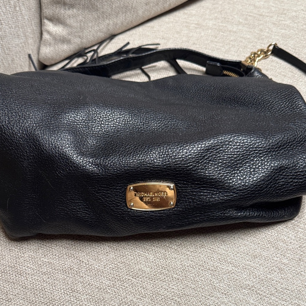 Michael Kors Black Leather Shoulder Bag with Gold Accents